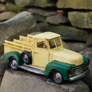Vintage Style Metal Pick Up Truck, Light Yellow/Green