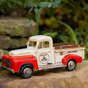 Vintage Style Metal Pick Up Truck, Cream/Red