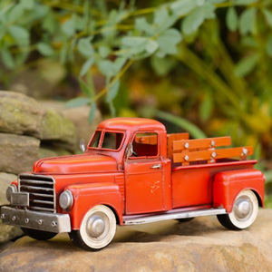 Vintage Style Metal Pick Up Truck, Red w/ White Wheels